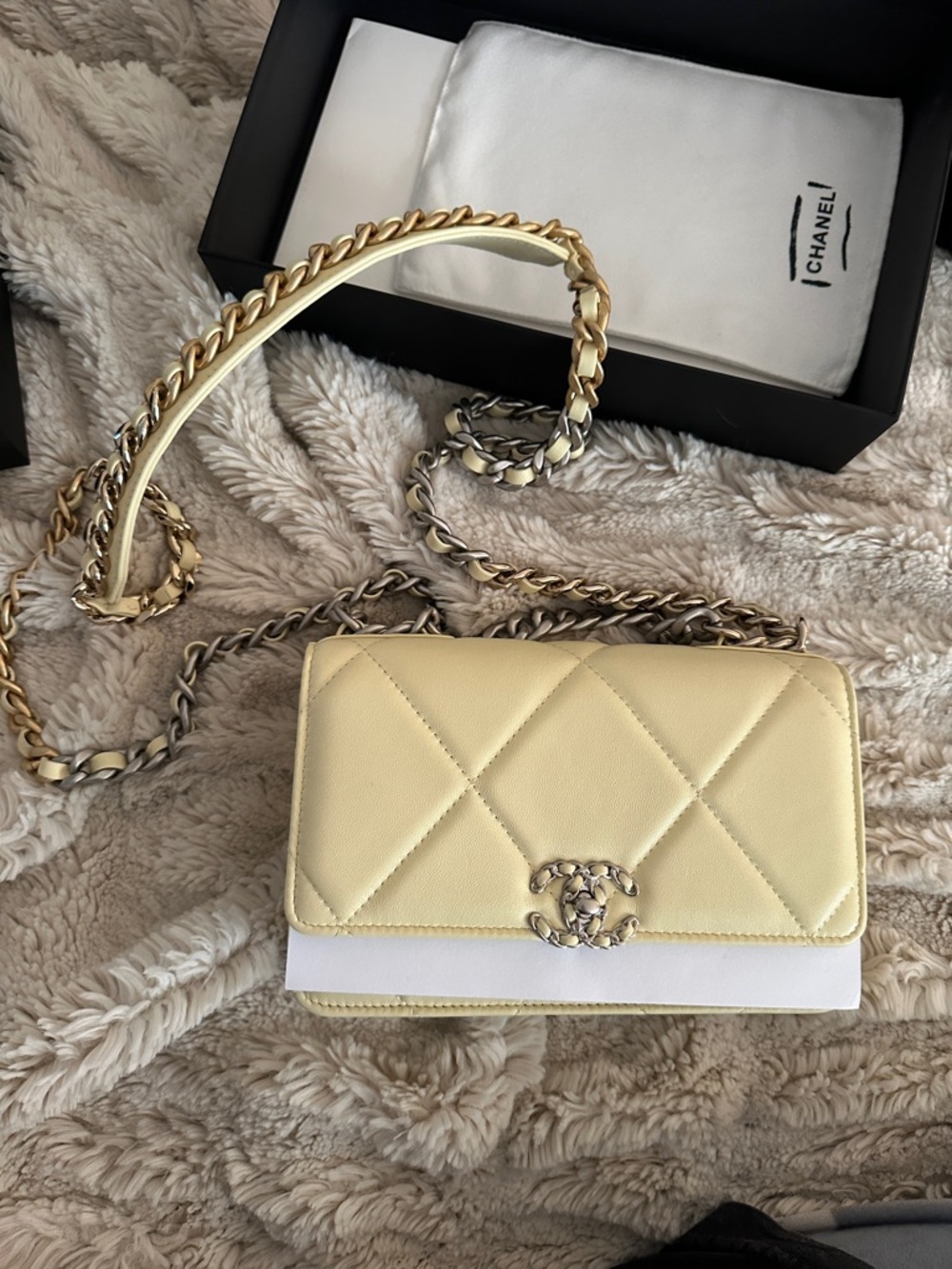CHANEL19 Quilted Lambskin Chain Wallet in Pale Yellow
